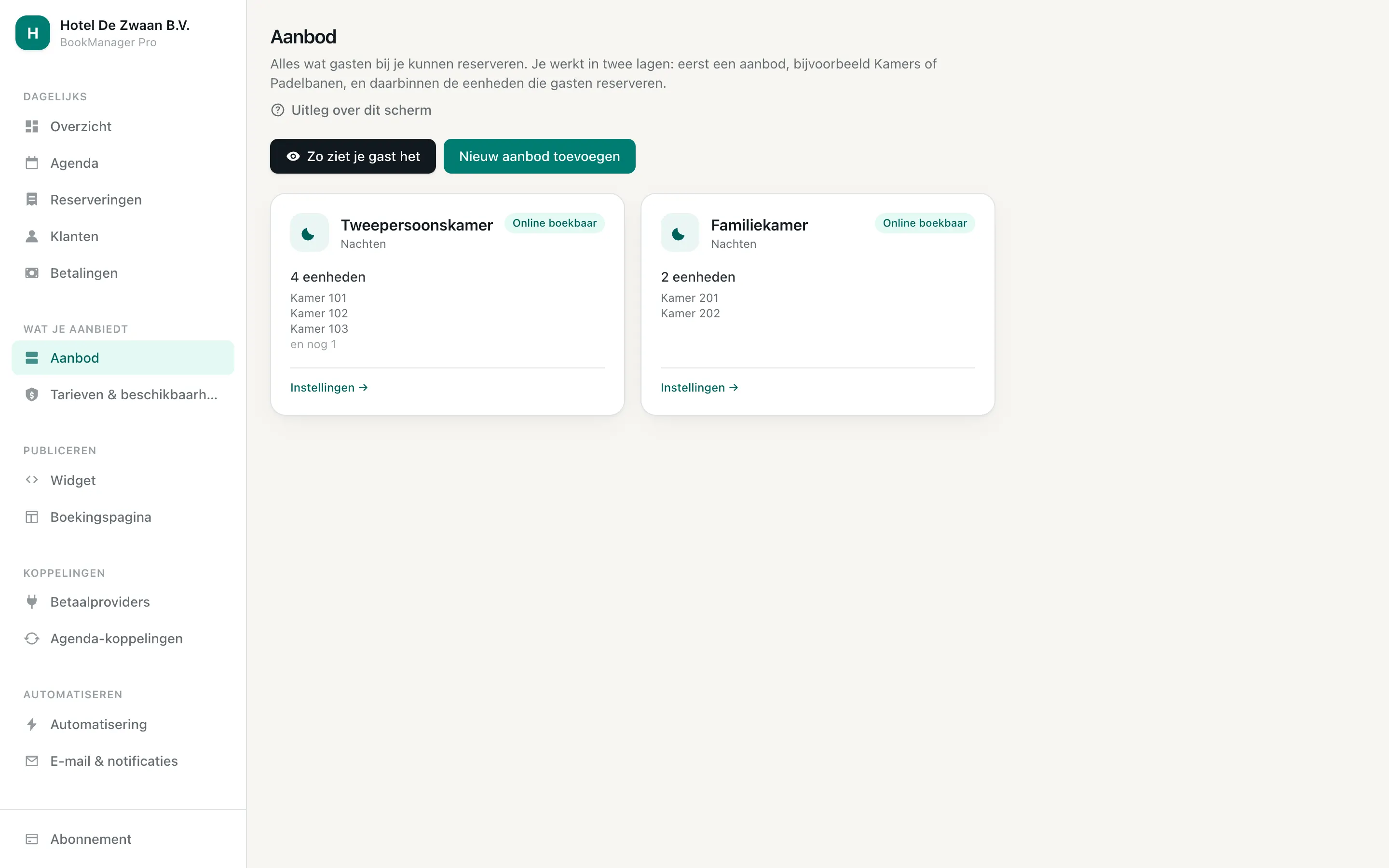 Het scherm Aanbod met de soorten aanbod van een hotel en het aantal items per soort